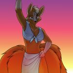  black_nose breasts canid canine cleavage clothed clothing dreamspinner female fox foxenawolf fur gluneria_fullin mammal midriff multi_tail orange_body orange_fur smile solo 