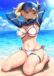  1girl ahoge armpits arms_behind_head artoria_pendragon_(all) barefoot baseball_cap beach bikini blonde_hair blue_eyes blue_headwear blush breasts cropped_jacket day fate/grand_order fate_(series) full_body groin hair_through_headwear hat kase_daiki long_hair looking_at_viewer medium_breasts mysterious_heroine_xx_(foreigner) navel ocean ponytail sand shiny shiny_skin shrug_(clothing) side-tie_bikini sideboob sitting skindentation solo sunlight swimsuit thigh_strap thighs underboob wariza white_bikini 