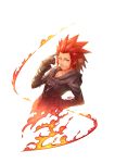  04sora40 1boy axel_(kingdom_hearts) black_gloves blue_eyes cloak fire gloves hand_on_hip highres hood hood_down kingdom_hearts looking_at_viewer male_focus one_eye_closed organization_xiii red_hair simple_background solo spiked_hair upper_body white_background 