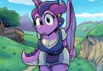  2019 anthro armor blue_eyes bottomwear bracers breasts claws cleavage clothed clothing crystal_(jurassiczalar) detailed_background dragon female freckles fully_clothed furgonomics furry-specific_piercing hair hi_res horn horn_piercing jurassiczalar leaning leaning_forward looking_at_viewer medieval medieval_clothing membrane_(anatomy) membranous_wings non-mammal_breasts outside piercing pink_body pink_skin purple_hair scalie shirt shorts signature solo spines standing toony topwear vest wagon western_dragon wings 