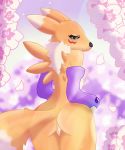  arm_length_gloves barely_visible_nipples black_nose black_sclera blue_eyes breasts butt canid canine clothing digimon digimon_(species) female flower fox fur genitals gloves handwear looking_at_viewer looking_back mammal nipples plant pussy rear_view renamon salvador_zabrali solo white_body white_fur yellow_body yellow_fur yin_yang 