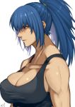  1girl bangs bare_shoulders black_tank_top blue_eyes blue_hair breasts cleavage jewelry leona_heidern long_hair military muscle ponytail snk soldier solo tank_top the_king_of_fighters white_background yasunososaku 