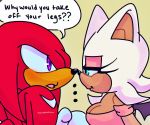  ... anthro big_breasts breasts chiropteran cleavage clothed clothing dialogue duo echidna eyelashes female knuckles_the_echidna male mammal monotreme rouge_the_bat simple_background sonic_the_hedgehog_(series) thechaosspirit 