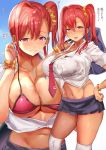  1girl backpack bag bikini bikini_under_clothes blush breasts character_request cleavage copyright_request dark_skin gyaru highres himuro_shunsuke large_breasts long_hair looking_at_viewer midriff miniskirt multiple_views navel pink_eyes pleated_skirt red_bikini red_hair school_uniform scrunchie short_hair side_ponytail skirt sky smile solo stomach swimsuit tan translation_request 