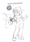  1girl bangs blush drawstring dreamsbell english_text eyebrows_visible_through_hair full_body greyscale gun heavy_machine_gun highres hood hood_down hoodie long_sleeves looking_away machine_gun metal_slug monochrome nichijou open_mouth pants power-up shinonome_nano shoes short_hair sketch sneakers solo weapon 