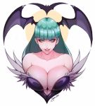  1girl bat bat_wings black_leotard breasts cleavage collarbone demon_girl eyeliner feather_trim green_eyes green_hair head_wings highres its_just_suppi large_breasts leotard lips long_hair makeup morrigan_aensland naughty_face parted_lips solo succubus symmetry upper_body vampire_(game) wings 