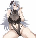  1girl azur_lane black_swimsuit breasts cleavage commentary_request graf_zeppelin_(azur_lane) graf_zeppelin_(beachside_urd)_(azur_lane) grey_hair hair_between_eyes hair_ornament highres long_hair navel one-piece_swimsuit open_mouth red_eyes see-through shibusun simple_background solo swimsuit white_background 
