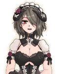  1girl bangs blush breasts brown_hair cleavage dress flower formicid gloves grey_hair hair_ornament hair_over_one_eye highres honkai_(series) honkai_impact_3rd horns jewelry large_breasts looking_at_viewer maid maid_headdress mole mole_under_eye oekaki open_mouth red_eyes rita_rossweisse rita_rossweisse_(umbral_rose) rose short_hair silver_hair smile solo thighhighs white_background 