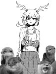  1girl animal bangs black_nails blonde_hair breathing_fire collarbone crossed_arms dragon_girl dragon_horns dragon_tail dress exhausted fire formicid full_body_tattoo half-closed_eyes horns kicchou_yachie looking_at_viewer meme monochrome oekaki otter otter_spirit_(touhou) parody real_life red_eyes sharp_teeth shirt short_hair short_sleeves simple_background skirt tail tattoo teeth tired touhou turtle_shell white_background 