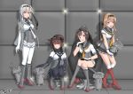  4girls 4others absurdres ahoge akizuki_(kantai_collection) anchor_symbol black_bodysuit black_gloves black_hair black_headband black_neckwear black_sailor_collar black_skirt blue_eyes bodysuit braid brown_hair chair chou-10cm-hou-chan chou-10cm-hou-chan_(hatsuzuki&#039;s) chou-10cm-hou-chan_(suzutsuki&#039;s) chou-10cm-hou-chan_(teruzuki&#039;s) clothes_writing commentary_request corset full_body gloves gomashio_(gomasio8012) grey_eyes grey_jacket hachimaki hair_flaps hair_ornament hairband hatsuzuki_(kantai_collection) headband highres jacket jacket_on_shoulders kantai_collection light_brown_hair long_hair multiple_girls multiple_others neckerchief one_side_up pleated_skirt ponytail propeller_hair_ornament sailor_collar school_uniform serafuku short_hair signature silver_hair sitting skirt standing suzutsuki_(kantai_collection) teruzuki_(kantai_collection) twin_braids white_bodysuit white_headband white_neckwear white_skirt yellow_eyes yellow_neckwear 