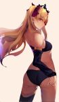  1girl absurdres ass back bangs black_bra black_legwear black_panties blonde_hair bow bra breasts closed_mouth detached_sleeves ereshkigal_(fate/grand_order) fate/grand_order fate_(series) hair_bow highres long_hair looking_at_viewer looking_back medium_breasts panties parted_bangs red_bow simple_background single_sleeve single_thighhigh thighhighs tiara two_side_up underwear vantsuki 