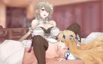  1boy 2girls bianka_durandal_ataegina black_ribbon blonde_hair blue_eyes blurry blurry_background blush breasts breasts_outside breath brown_hair censored closed_eyes cowgirl_position cross-section durandal_(imperial_regalia) earrings gimnang group_sex hair_ornament honkai_(series) honkai_impact_3rd jewelry large_breasts long_hair mosaic_censoring multiple_girls navel navel_cutout nude oral pink_eyes ribbon rita_rossweisse rita_rossweisse_(maid_of_celestia) sex short_hair straddling threesome vaginal 