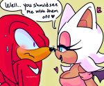  &lt;3 anthro big_breasts blush bodily_fluids breasts chiropteran cleavage clothed clothing dialogue duo echidna eyelashes female knuckles_the_echidna male mammal monotreme rouge_the_bat simple_background sonic_the_hedgehog_(series) sweat thechaosspirit 