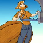  anthro black_nose breasts canid canine clothing dreamspinner featureless_breasts female fox foxenawolf gluneria_fullin gradient_background mammal navel simple_background solo tools torn_clothing wrench 