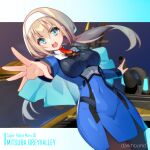  1girl blonde_hair blue_eyes breasts capelet dark_hound_3 hair_behind_ear hairband highres large_breasts low_twintails mitsuba_greyvalley open_mouth pantyhose signature solo super_robot_wars super_robot_wars_30 twintails white_capelet white_hairband 