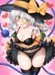  1girl bare_shoulders black_bra black_legwear black_panties blush bra breasts cleavage eyebrows eyebrows_visible_through_hair frilled_skirt frills green_eyes hat heart heart-shaped_pupils highres komeiji_koishi lifted_by_self looking_at_viewer m9kndi medium_breasts off_shoulder panties pussy_juice ribbon silver_hair skirt skirt_lift sweat symbol-shaped_pupils thighhighs third_eye touhou underwear 