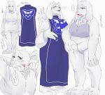  3_toes anthro belly_grab boss_monster bovid bra caprine chubby_female clothing delta_rune_(emblem) dialogue dress female fur goat japanese_text mammal mature_female panties shirt simple_background solo symbol text toes tomato_(artist) topwear toriel undertale underwear video_games white_background white_body white_fur 