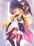  1girl bandaid bangs black_legwear black_panties blonde_hair blush bow brooch cape eyebrows_visible_through_hair fuyouchu gloves hair_between_eyes hat hat_bow jewelry lifted_by_self little_witch_nobeta long_hair looking_at_viewer nobeta panties purple_cape red_eyes skindentation skirt skirt_lift sleeveless smile solo string_panties thighhighs underwear very_long_hair white_gloves witch_hat 