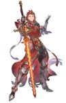  1boy armor armored_boots boots cross full_body gauntlets granblue_fantasy granblue_fantasy_versus highres minaba_hideo official_art percival_(granblue_fantasy) presenting red_eyes red_hair smile smug solo spiked_hair sword transparent_background weapon 