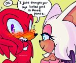  anthro blush bodily_fluids breasts chiropteran clothed clothing dialogue duo echidna eyelashes female knuckles_the_echidna male mammal monotreme rouge_the_bat simple_background sonic_the_hedgehog_(series) sweat thechaosspirit 