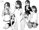  1girl bangs black_hair breasts collared_shirt commentary covered_navel dark_skin ear_clip embarrassed fan fangs fanning_self greyscale grin hair_between_eyes hair_ornament hairclip highres ijiranaide_nagatoro-san long_hair monochrome nagatoro_hayase navel necktie nyxkz one-piece_swimsuit one_eye_closed pleated_skirt serious shiny shiny_hair shirt skirt small_breasts smile smug solo speech_bubble suit_jacket sweat swimsuit tan tanline thighhighs tongue tongue_out water wet zettai_ryouiki 