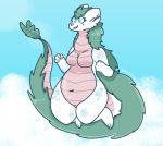  breasts cloud dragon eyelashes featureless_breasts female fur green_body green_eyes green_fur hi_res navel nude sky solo spaceysoda terraria wide_hips wyvern wyvern_(terraria) 