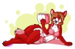  2013 anthro black_nose bra brown_hair canid canine clothing diaper female fox fur hair holding_diaper kalida looking_at_viewer lying mammal navel red_body red_eyes red_fur simple_background solo touching_diaper underwear white_background white_body white_fur 