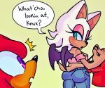  anthro bottomwear butt_pose chiropteran clothed clothing dialogue duo echidna female knuckles_the_echidna looking_back male mammal monotreme pants pose rouge_the_bat shirt simple_background sonic_the_hedgehog_(series) thechaosspirit topwear 