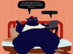  anthro bed belly big_belly big_breasts blue_body blue_fur bottomless breasts cleavage clothed clothing computer deep_navel detailed_background dialogue domestic_cat dymdraws eating english_text fangs felid feline felis female food front_view fur furniture head_tuft highlights_(coloring) huge_thighs inside laptop leaning leaning_back mae_borowski mammal midriff morbidly_obese morbidly_obese_anthro morbidly_obese_female navel night_in_the_woods notched_ear obese obese_female on_bed open_mouth overweight overweight_female pizza pizza_box red_eyes red_highlights shirt sitting solo speech_bubble tank_top text thick_thighs tight_clothing tight_topwear topwear tuft video_games weight_gain whiskers wide_hips yellow_sclera 