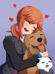  1girl absurdres brown_hair closed_eyes dog heart highres hood hoodie hug krinkles open_mouth original panda ponytail rory_(admiral_bahroo) samantha_(admiral_bahroo) tongue tongue_out umeru_(admiral_bahroo) 