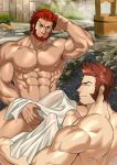  2boys abs absurdres armpits bara beard blue_eyes brown_hair bulge chest collarbone couple erection erection_under_clothes facial_hair fate/grand_order fate/zero fate_(series) gumroad_reward hand_in_hair highres iskandar_(fate) kienbiu looking_at_another male_focus multiple_boys muscle napoleon_bonaparte_(fate/grand_order) nipples nude onsen paid_reward pectorals red_eyes red_hair see-through shiny shiny_hair shiny_skin sitting smile thighs towel towel_on_legs yaoi 