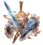  &gt;:) 1girl armor armored_boots armored_dress blonde_hair blue_dress blue_eyes boots charlotta_fenia crown dress fighting_stance frills gauntlets granblue_fantasy granblue_fantasy_versus harvin long_hair minaba_hideo official_art pointy_ears smile sword tall_crown transparent_background weapon 