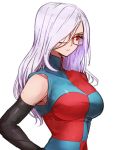  1girl android_21 breasts checkered checkered_dress closed_mouth detached_sleeves dragon_ball dragon_ball_fighterz dress glasses hair_over_one_eye kemachiku large_breasts lavender_hair long_hair looking_away red_eyes simple_background solo white_background 
