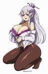  1girl bra breasts d-ryuu frolaytia_capistrano hair_ornament heavy_object lace lace-trimmed_bra large_breasts long_hair panties pantyhose purple_eyes silver_hair thighs underwear undressing 