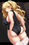  1girl ahoge ass ass_support bandaid bandaid_on_face bangs bare_arms bare_shoulders black_leotard blonde_hair blurry blurry_background blush breasts brown_eyes cameltoe closed_mouth commentary_request depth_of_field dutch_angle eyebrows_visible_through_hair from_behind granblue_fantasy highres kusahagane large_breasts leotard looking_at_viewer looking_back monika_weisswind sideboob skindentation solo thighhighs twintails v-shaped_eyebrows white_legwear 
