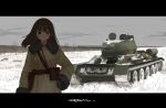  1girl absurdres bangs bare_tree black_eyes black_gloves brown_hair closed_mouth coat cowboy_shot devil_lo field fur_trim gloves grey_sky ground_vehicle hand_on_hip highres long_hair looking_at_viewer military military_vehicle motor_vehicle original signature snow solo standing straight_hair t-34 tank tree 