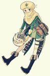  1girl bag bare_legs belt boots bottle chemist_(final_fantasy) covered_mouth final_fantasy final_fantasy_v formal gloves grass hat herb knife krile_mayer_baldesion pouch saito_piyoko solo suit thigh_strap weapon yellow_gloves 