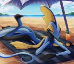  2020 absurd_res ambiguous_gender arm_support beach beach_towel beach_umbrella detailed_background donutella eyewear hi_res inteleon juice_(disambiguation) leaning_on_elbow long_tail looking_at_viewer lying nintendo on_front one_eye_closed pok&eacute;mon pok&eacute;mon_(species) reptile scalie seaside seductive solo sunglasses video_games 