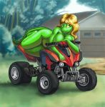  5_fingers anthro atv big_breasts blonde_hair breasts brown_eyes crocodilian detailed_background female fingers green_body green_skin hair long_hair looking_at_viewer non-mammal_breasts nude outside pose reptile scalie solo vdisco vehicle yellow_sclera 