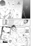 2boys abs bara beard chest couple cum cum_on_body doujinshi english_text erection facial_hair fate/grand_order fate/zero fate_(series) goatee gradient_hair greyscale hand_on_own_penis highres iskandar_(fate) looking_at_another male_focus manly monochrome multicolored_hair multiple_boys muscle napoleon_bonaparte_(fate/grand_order) nipples nude pectorals penis scar simple_background smirk speech_bubble testicles toned toned_male upper_body yaoi 