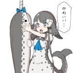  +_+ 1girl black_bow blowhole blue_bow blue_neckwear bow commentary_request dolphin_tail dress grey_dress grey_hair hair_bow kemono_friends multicolored_hair narwhal_(kemono_friends) neckerchief numero_509 puffy_short_sleeves puffy_sleeves sailor_collar sailor_dress short_hair short_hair_with_long_locks short_sleeves solo stuffed_animal stuffed_toy translation_request two-tone_dress white_hair 