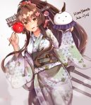  1girl brown_hair cake_no_shaberu cherry_blossoms flower hair_flower hair_ornament highres japanese_clothes kantai_collection kimono long_hair looking_at_viewer open_mouth ponytail yamato_(kantai_collection) 