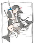  &gt;_&lt; 1girl black_bow blowhole blue_bow blue_neckwear bow commentary_request dolphin_tail dress grey_dress grey_hair hair_bow heart hug kemono_friends multicolored_hair narwhal_(kemono_friends) neckerchief no_shoes numero_509 on_bed puffy_short_sleeves puffy_sleeves sailor_collar sailor_dress short_hair short_hair_with_long_locks short_sleeves socks solo stuffed_animal stuffed_toy two-tone_dress white_hair white_legwear 