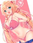  ! 1girl akai_haato aqua_eyes arms_behind_back bangs bare_shoulders blonde_hair blush bra breasts cleavage collarbone commentary embarrassed eyebrows_visible_through_hair hair_ornament hair_ribbon hair_scrunchie heart highres hololive long_hair mi_taro333 navel one_side_up open_mouth panties pink_bra pink_panties red_ribbon ribbon scrunchie sidelocks solo spoken_exclamation_mark standing stomach surprised tearing_up twintails underwear undressing very_long_hair virtual_youtuber 