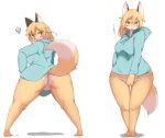  3_toes absurd_res anthro barefoot big_breasts big_butt biped black_nose blonde_hair blush breasts butt camel_toe canid canine clothed clothing curvy_figure cute_fangs dipstick_tail eye_markings eyelashes female fox fur glistening glistening_body glistening_fur glistening_hair hair hi_res hoodie hourglass_figure kemono looking_at_viewer looking_back mammal markings monotone_hair multicolored_body multicolored_fur multicolored_tail multiple_poses open_mouth open_smile panties paws pose raaggu simple_background smile solo standing toes topwear underwear white_background wide_hips wide_stance yellow_eyes 