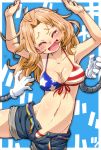 1girl :d american_flag_bikini aono3 arms_up background_text belt bikini bikini_under_clothes blonde_hair blue_background blue_shorts breasts closed_eyes collarbone commentary_request denim denim_shorts facing_viewer flag_print front-tie_bikini front-tie_top girls_und_panzer hair_intakes highres kay_(girls_und_panzer) large_breasts laughing leaning_to_the_side long_hair mechanical_arms open_fly open_mouth short_shorts shorts smile solo standing swimsuit tears tickle_torture tickling translated 