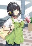  1girl bag bangs black_hair blue_pants blurry blurry_background breasts cleavage cleavage_cutout commentary_request cup denim depth_of_field disposable_cup dress drinking_straw eyebrows_visible_through_hair food fruit green_dress green_eyes headphones highres holding holding_cup jeans kyoumachi_seika looking_at_viewer medium_breasts pants parted_lips shirt short_hair short_sleeves shoulder_bag solo strawberry voiceroid watch white_shirt wristwatch yappen 