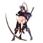  1girl ass boots breasts elbow_gloves from_behind full_body gloves hair_between_eyes highres large_breasts last_origin looking_at_viewer looking_back official_art one_(dnjsaos86) purple_hair red_eyes scythe solo tachi-e thigh_boots thighhighs transparent_background veronica_type-asc 