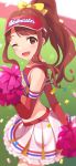 1girl blurry blurry_background bow cheerleader confetti elbow_gloves eyebrows_visible_through_hair frilled_skirt frills gloves highres idolmaster idolmaster_million_live! idolmaster_million_live!_theater_days looking_at_viewer naijow one_eye_closed pom_poms red_eyes red_gloves red_hair red_headwear red_tank_top skirt solo tanaka_kotoha tank_top visor white_skirt yellow_bow 