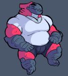  anthro barazoku barefoot big_pecs blkmnstrr clothing fish gills happy hi_res male marine monster musclegut pecs salmon salmonid_(fish) scalie shirt simple_background slightly_chubby solo t-shirt topwear 